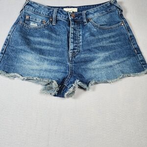 High-Rise Frayed Hem Denim Shorts - Blue cleo & wolf